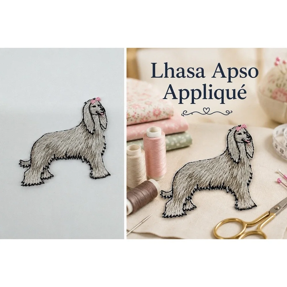 Vintage Embroidered Lhasa Apso Dog Patch Sew On Applique Cute Pink Bow Puppy